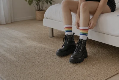 young person pulling up rainbow socks in black boots