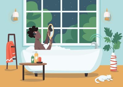 illustation on woman in bubble batch holding mirror