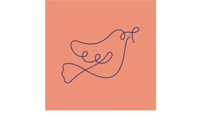 navy blue line illustration of dove over apricot square